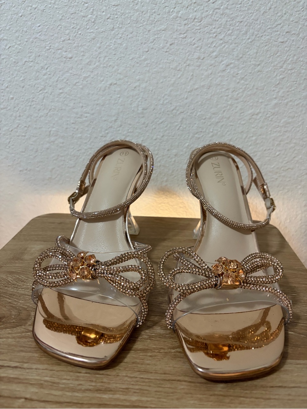 Rose Gold Embellished Bow Strap Heeled Sandals